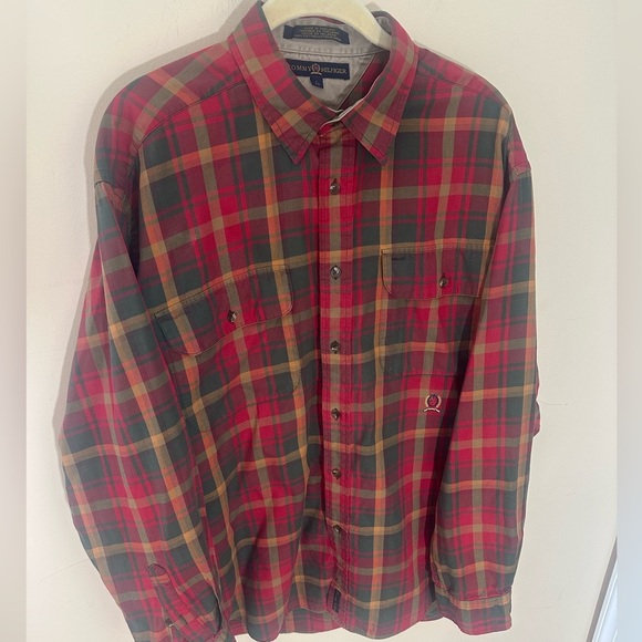 Vintage 90s Tommy Hilfiger Shirt Men Large Denim Plaid Red Button Down Shirt L - Picture 1 of 7